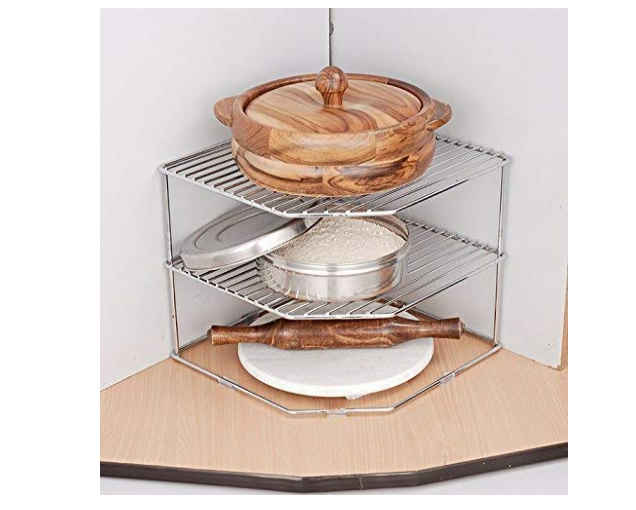 POCHU ENTERPRISE Stainless Steel Kitchen Plate Dish Corner Shelf Rack Stand Shelves Holder, Cupboard Organizer, Home Storage, Size 12 x 12 x 12 (Inch)